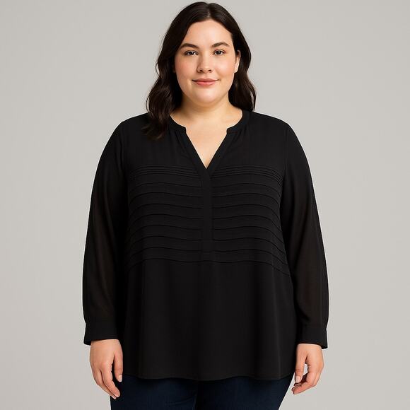 Calvin Klein 2X Black Pintuck Chiffon V-Neck Tunic Blouse Plus Size - Picture 1 of 6